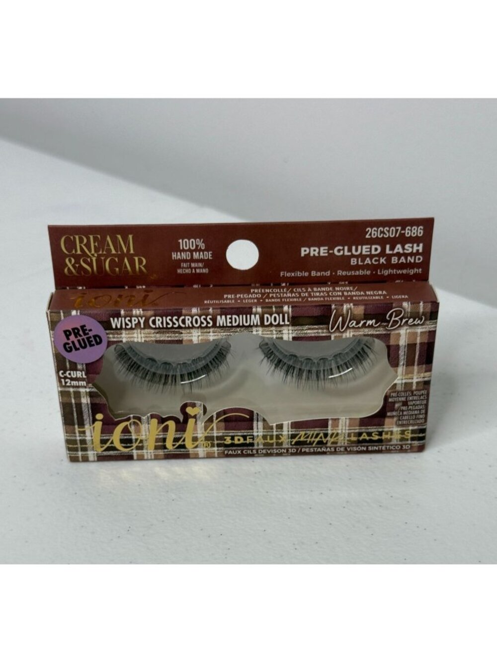 Ioni Warm Brew Pre Glued Lashes Wispy Crisscross Medium Doll C Curl Coffee Girl